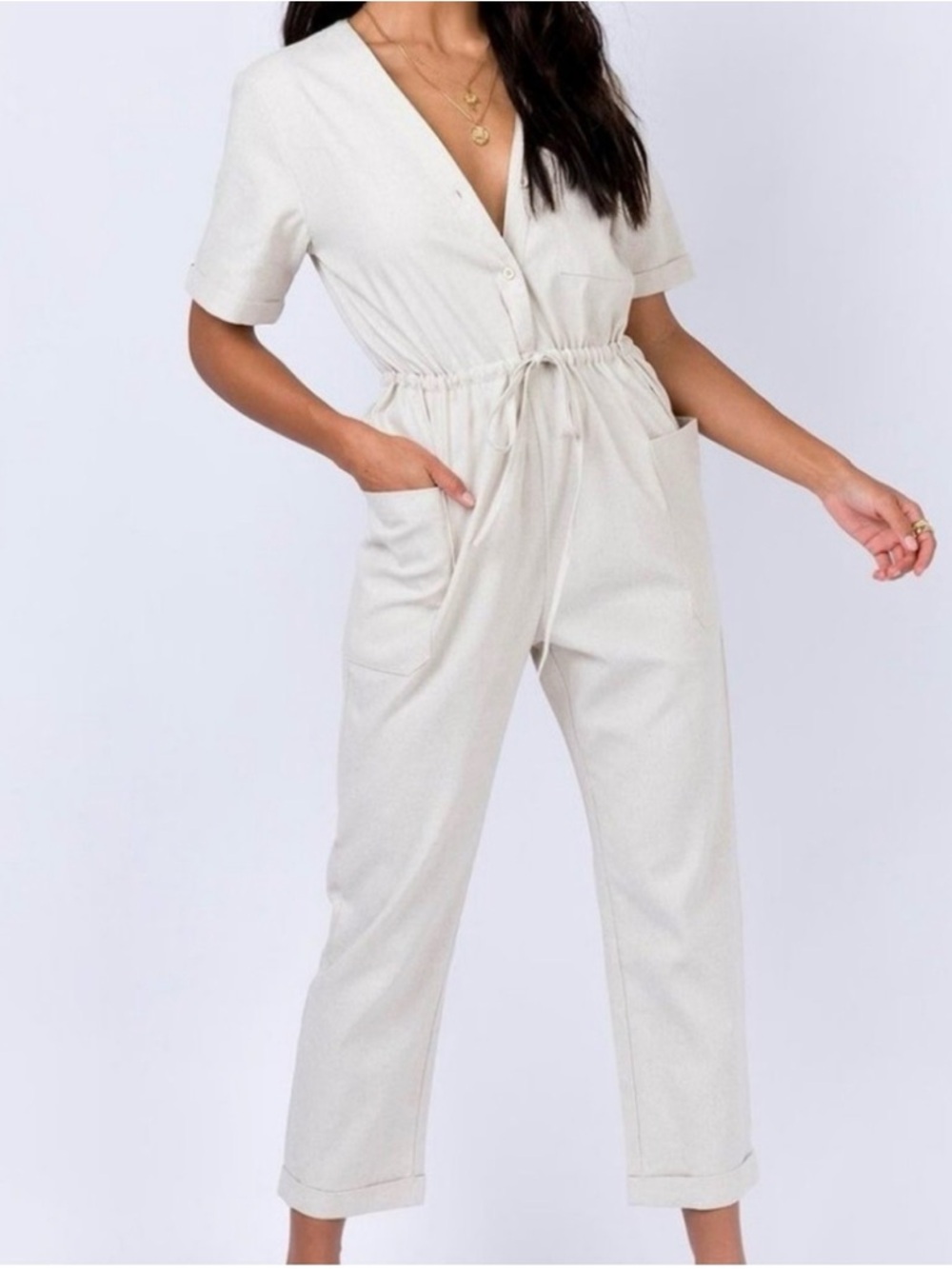 NWT Princess Polly Cream Drawstring Short Sleeve Jumpsuit